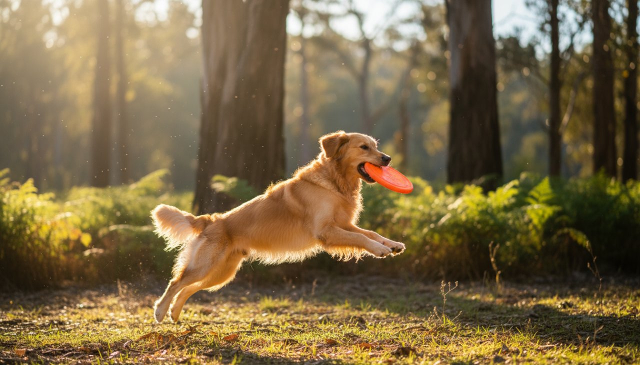 An energetic Golden Retriever mid-leap, fetching a stick in a sun-dappled clearing at The Patch, Yarra Ranges, showcasing joyful and heartfelt pet photography. The dog's fur glows in the late afternoon light, a triumphant expression on its face, with soft focus on the lush, green Australian bushland in the background.