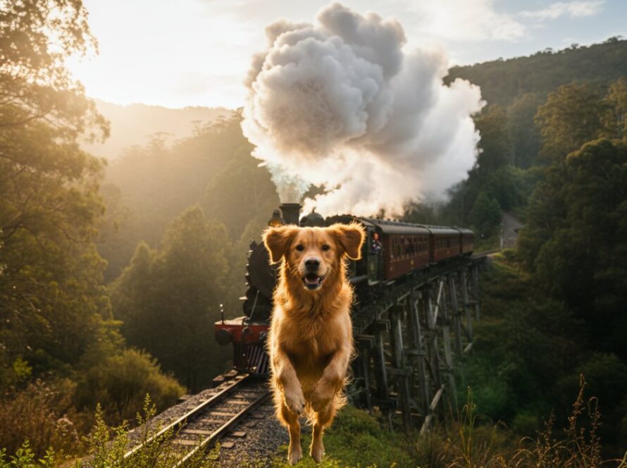 An adorable golden retriever, mid-leap with pure joy, silhouetted against the iconic Puffing Billy steam train chugging through the lush, misty forests of Belgrave, Victoria, capturing the essence of heartfelt pet portraits Belgrave Puffing Billy steam photography.
