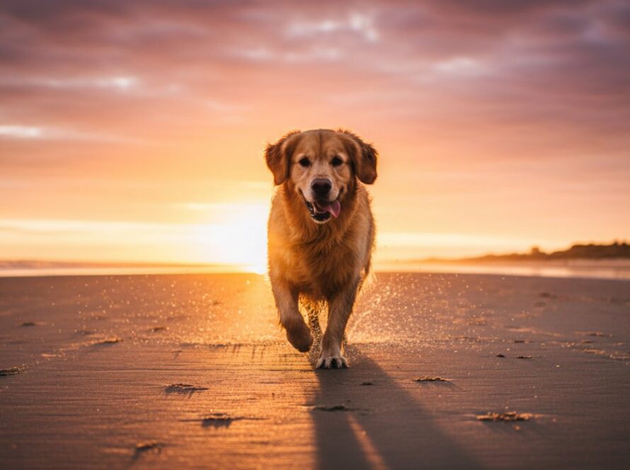 An epic moment of a golden retriever joyfully running along the Crib Point foreshore at sunset, capturing heartfelt pet portraits Crib Point foreshore. Dramatic backlighting highlights its fur and playful energy against the shimmering water and orange sky.