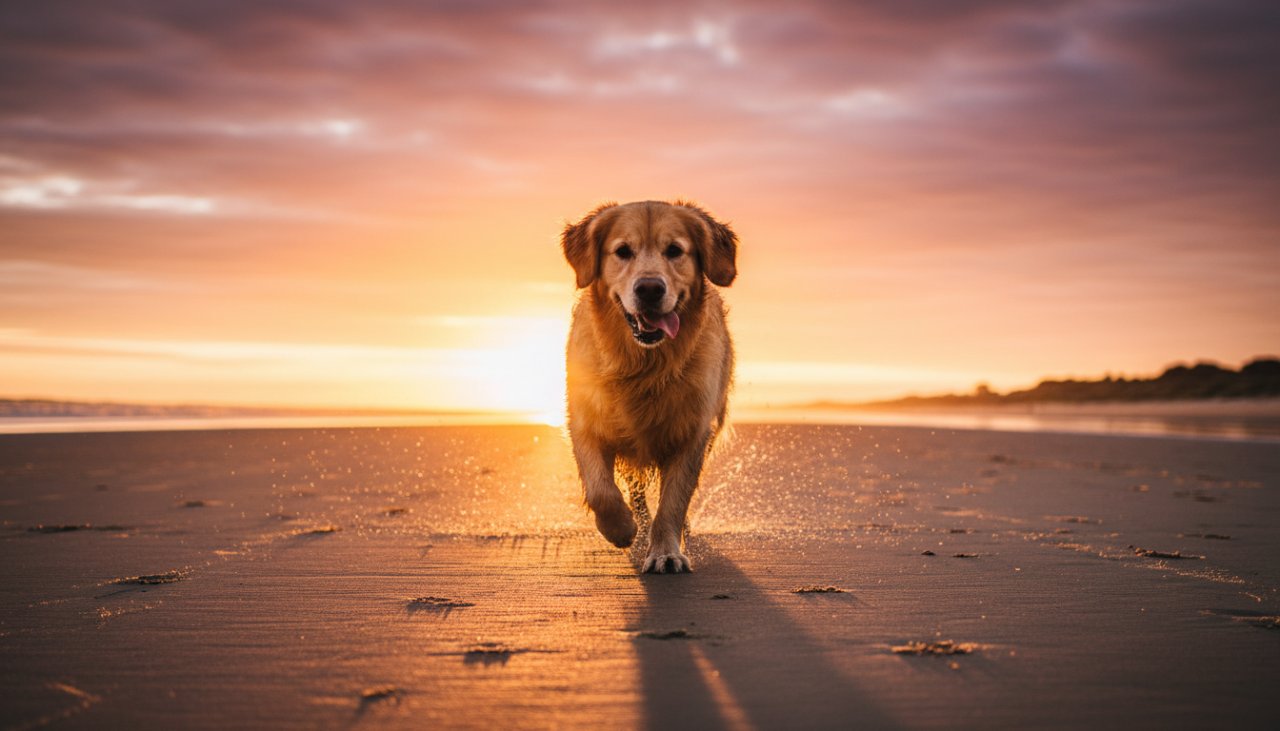 An epic moment of a golden retriever joyfully running along the Crib Point foreshore at sunset, capturing heartfelt pet portraits Crib Point foreshore. Dramatic backlighting highlights its fur and playful energy against the shimmering water and orange sky.