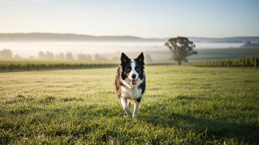 A golden retriever joyfully leaping through a sun-drenched vineyard in Dixons Creek, Victoria, capturing a heartfelt pet portrait Dixons Creek Yarra Valley, showcasing the dog's vibrant energy against the scenic backdrop.