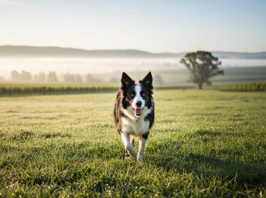 A golden retriever joyfully leaping through a sun-drenched vineyard in Dixons Creek, Victoria, capturing a heartfelt pet portrait Dixons Creek Yarra Valley, showcasing the dog's vibrant energy against the scenic backdrop.