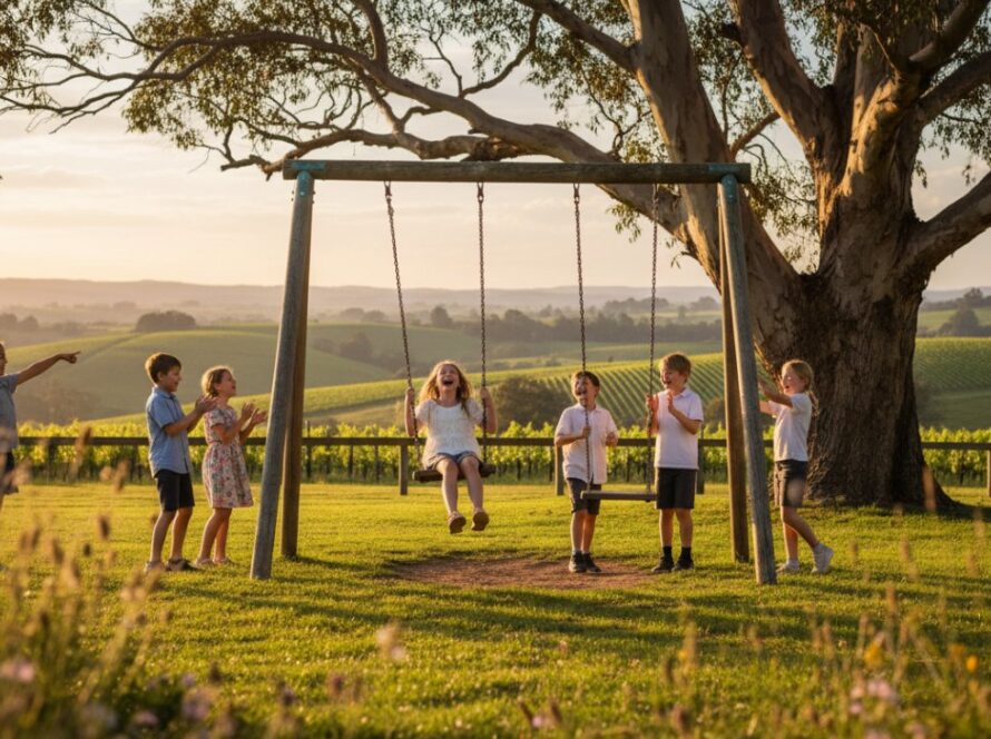 An emotive, wide-angle photograph capturing heartfelt primary school portraits in Steels Creek Victoria, showing a group of diverse children laughing genuinely on a sun-dappled playground with the rolling green hills of the Yarra Valley in the background, late afternoon golden hour light, high dynamic range, cinematic feel.