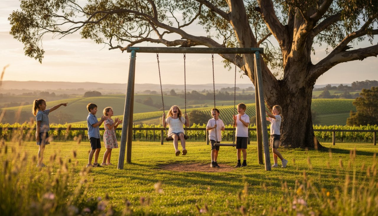 An emotive, wide-angle photograph capturing heartfelt primary school portraits in Steels Creek Victoria, showing a group of diverse children laughing genuinely on a sun-dappled playground with the rolling green hills of the Yarra Valley in the background, late afternoon golden hour light, high dynamic range, cinematic feel.