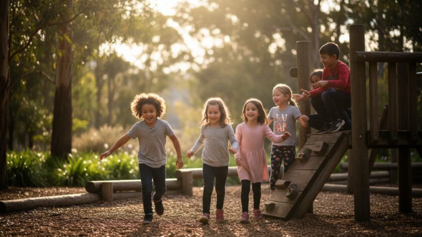 A heartwarming, candid moment capturing a group of happy school children laughing joyfully in the natural, sun-dappled playground of Clematis, Victoria, embodying the essence of heartfelt school photography Clematis Victoria.