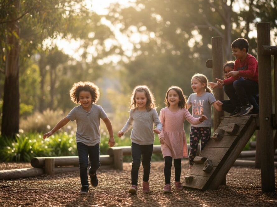 A heartwarming, candid moment capturing a group of happy school children laughing joyfully in the natural, sun-dappled playground of Clematis, Victoria, embodying the essence of heartfelt school photography Clematis Victoria.