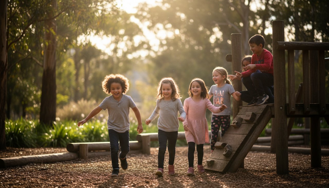 A heartwarming, candid moment capturing a group of happy school children laughing joyfully in the natural, sun-dappled playground of Clematis, Victoria, embodying the essence of heartfelt school photography Clematis Victoria.
