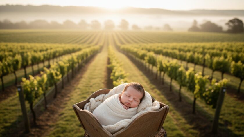 A heartwarming and artistic shot from a heartfelt Yering Victoria newborn photography session, featuring a peacefully sleeping baby swaddled in soft organic fabric, cradled gently amidst a rustic, sun-dappled Yarra Valley vineyard backdrop, evoking a serene and timeless epic moment.