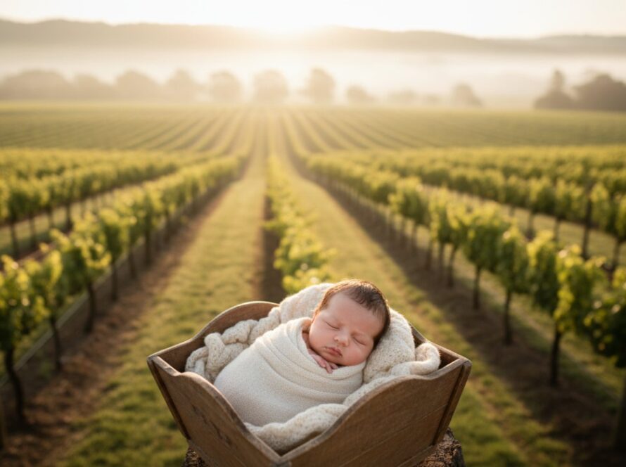 A heartwarming and artistic shot from a heartfelt Yering Victoria newborn photography session, featuring a peacefully sleeping baby swaddled in soft organic fabric, cradled gently amidst a rustic, sun-dappled Yarra Valley vineyard backdrop, evoking a serene and timeless epic moment.
