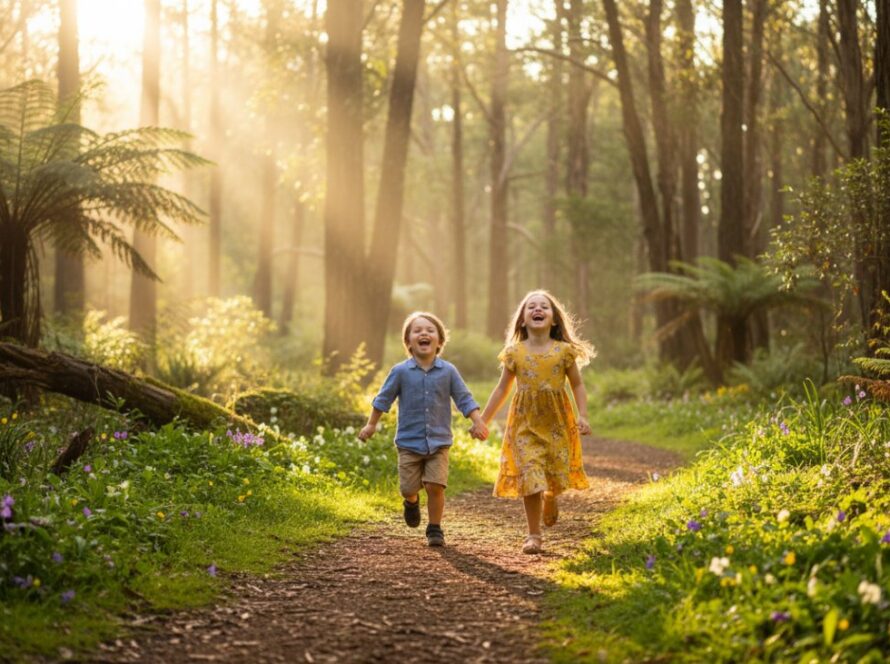 Heartwarming kids photography Olinda forest showcasing two children laughing joyfully while running through dappled sunlight in a lush, enchanted forest, with the vibrant greenery of Olinda's natural surroundings as a magical backdrop, captured in a cinematic, 'epic moment' style.