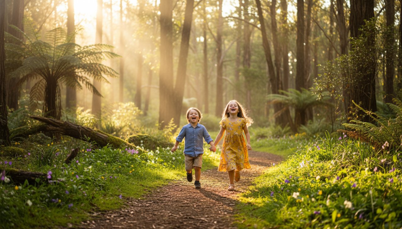 Heartwarming kids photography Olinda forest showcasing two children laughing joyfully while running through dappled sunlight in a lush, enchanted forest, with the vibrant greenery of Olinda's natural surroundings as a magical backdrop, captured in a cinematic, 'epic moment' style.