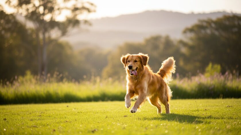A heartwarming pet photography Clematis Victoria image of a golden retriever joyfully leaping through a sun-dappled field near Emerald Lake Park, its fur glowing, capturing pure bliss and movement.