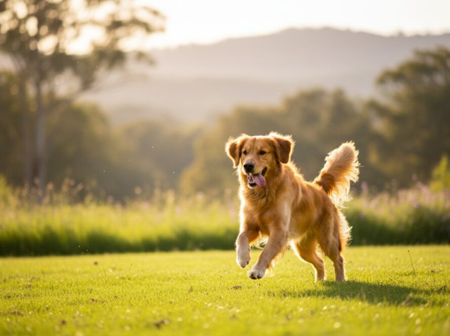 A heartwarming pet photography Clematis Victoria image of a golden retriever joyfully leaping through a sun-dappled field near Emerald Lake Park, its fur glowing, capturing pure bliss and movement.
