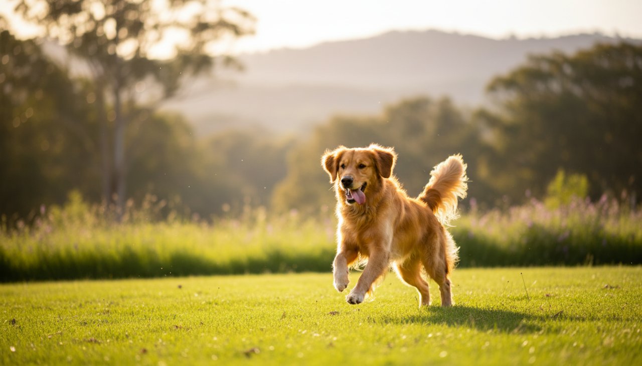 A heartwarming pet photography Clematis Victoria image of a golden retriever joyfully leaping through a sun-dappled field near Emerald Lake Park, its fur glowing, capturing pure bliss and movement.