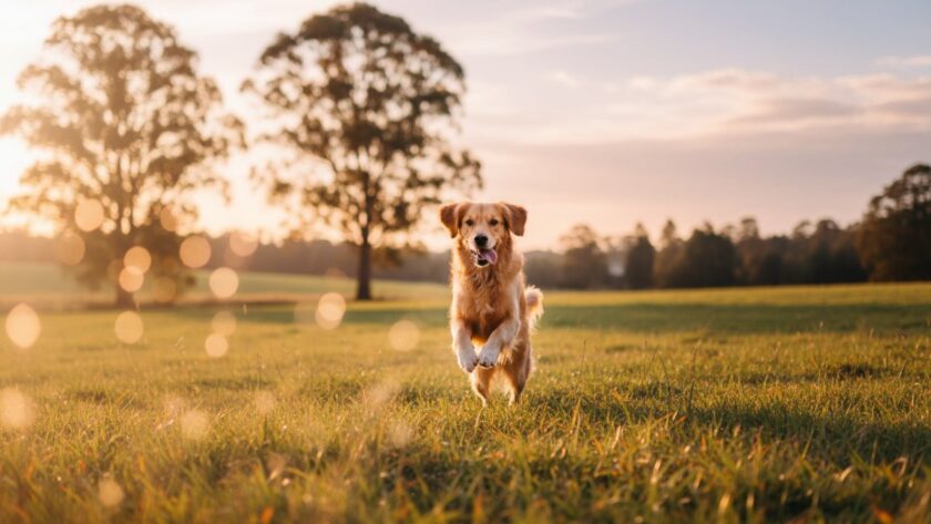 A golden retriever joyfully leaping through a sun-dappled field in Gembrook, capturing heartwarming pet photography Gembrook moments with vibrant autumn colours in the background.