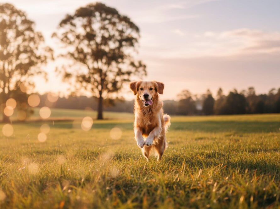 A golden retriever joyfully leaping through a sun-dappled field in Gembrook, capturing heartwarming pet photography Gembrook moments with vibrant autumn colours in the background.