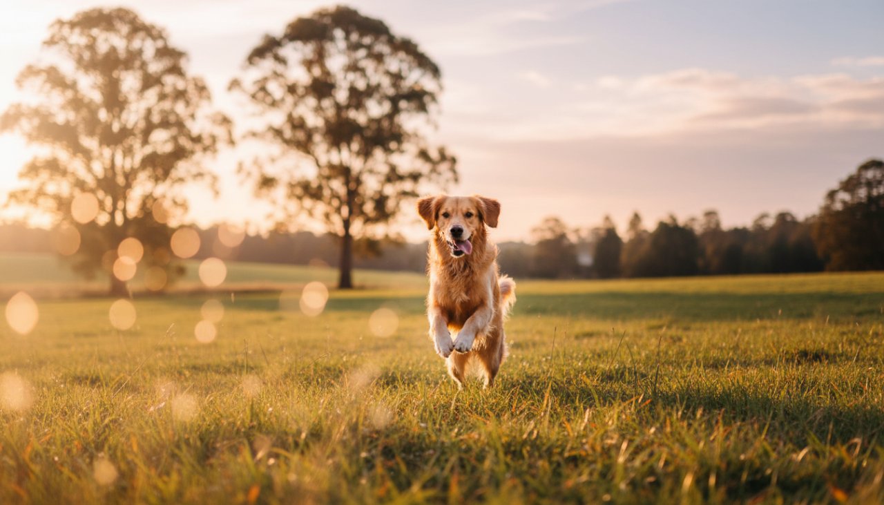 A golden retriever joyfully leaping through a sun-dappled field in Gembrook, capturing heartwarming pet photography Gembrook moments with vibrant autumn colours in the background.