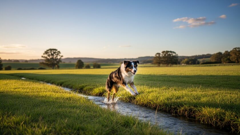 An energetic Golden Retriever mid-leap, surrounded by golden late afternoon light, playing in a vast open field near Launching, Victoria, showcasing heartwarming pet photography Launching Victoria moments captured in an epic, joyful action shot.