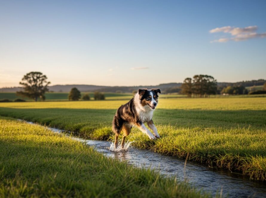 An energetic Golden Retriever mid-leap, surrounded by golden late afternoon light, playing in a vast open field near Launching, Victoria, showcasing heartwarming pet photography Launching Victoria moments captured in an epic, joyful action shot.