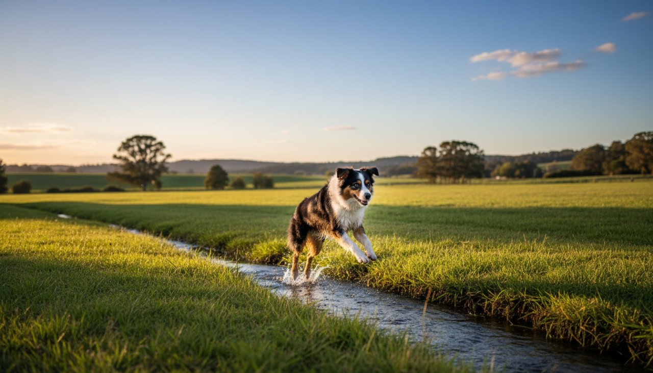 An energetic Golden Retriever mid-leap, surrounded by golden late afternoon light, playing in a vast open field near Launching, Victoria, showcasing heartwarming pet photography Launching Victoria moments captured in an epic, joyful action shot.