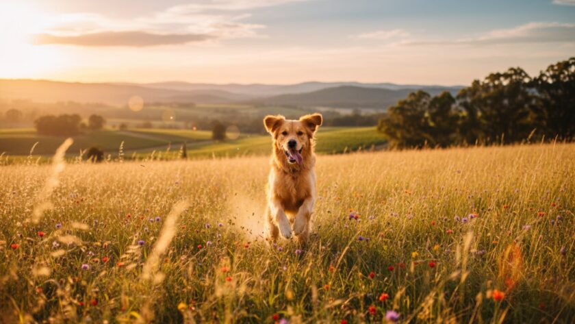 A heartwarming pet photography Seville East image showing a joyful golden retriever leaping gracefully through a sun-drenched field at sunset, with the distant hills of the Yarra Valley in the background, capturing an epic moment of pure canine happiness.