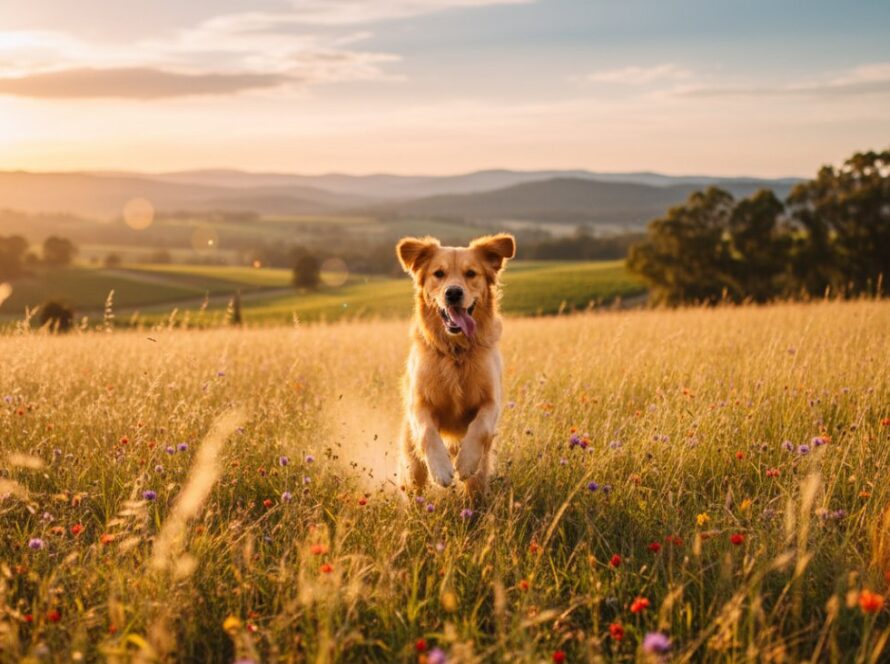 A heartwarming pet photography Seville East image showing a joyful golden retriever leaping gracefully through a sun-drenched field at sunset, with the distant hills of the Yarra Valley in the background, capturing an epic moment of pure canine happiness.