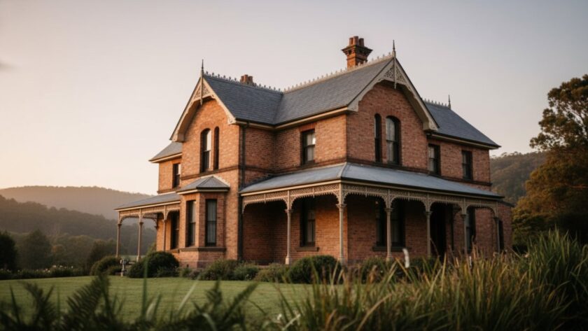 An epic, low-angle shot showcasing a grand heritage Victorian building in The Patch, bathed in warm golden hour light, with intricate facade details highlighted, perfect for Heritage Architecture Photography The Patch Victorian portfolios.