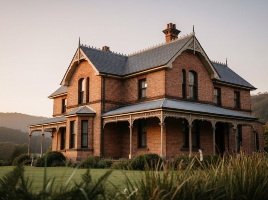 An epic, low-angle shot showcasing a grand heritage Victorian building in The Patch, bathed in warm golden hour light, with intricate facade details highlighted, perfect for Heritage Architecture Photography The Patch Victorian portfolios.