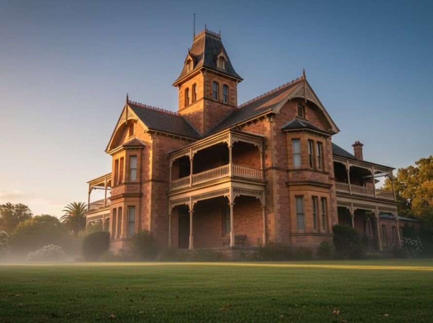Dramatic sunset light illuminates a grand, historic Clematis architecture photography Victoria example, showcasing intricate Victorian-era details and a majestic presence, capturing an epic moment.