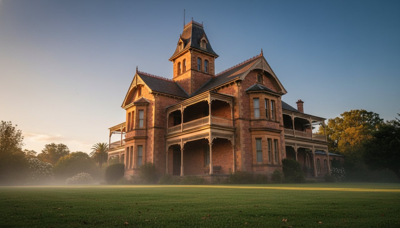Dramatic sunset light illuminates a grand, historic Clematis architecture photography Victoria example, showcasing intricate Victorian-era details and a majestic presence, capturing an epic moment.