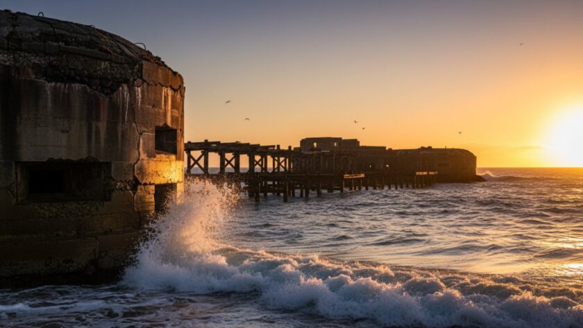 Dramatic sunset shot showcasing the rugged, weathered concrete structures of the historic HMAS Cerberus architecture photography Victoria, with a lone seagull soaring overhead, highlighting the site's enduring legacy against a fiery sky.