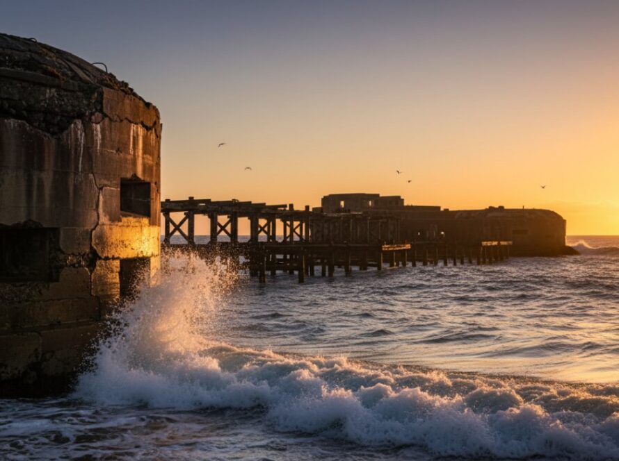 Dramatic sunset shot showcasing the rugged, weathered concrete structures of the historic HMAS Cerberus architecture photography Victoria, with a lone seagull soaring overhead, highlighting the site's enduring legacy against a fiery sky.