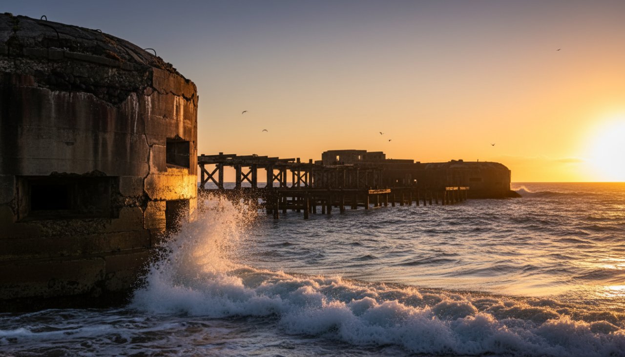 Dramatic sunset shot showcasing the rugged, weathered concrete structures of the historic HMAS Cerberus architecture photography Victoria, with a lone seagull soaring overhead, highlighting the site's enduring legacy against a fiery sky.