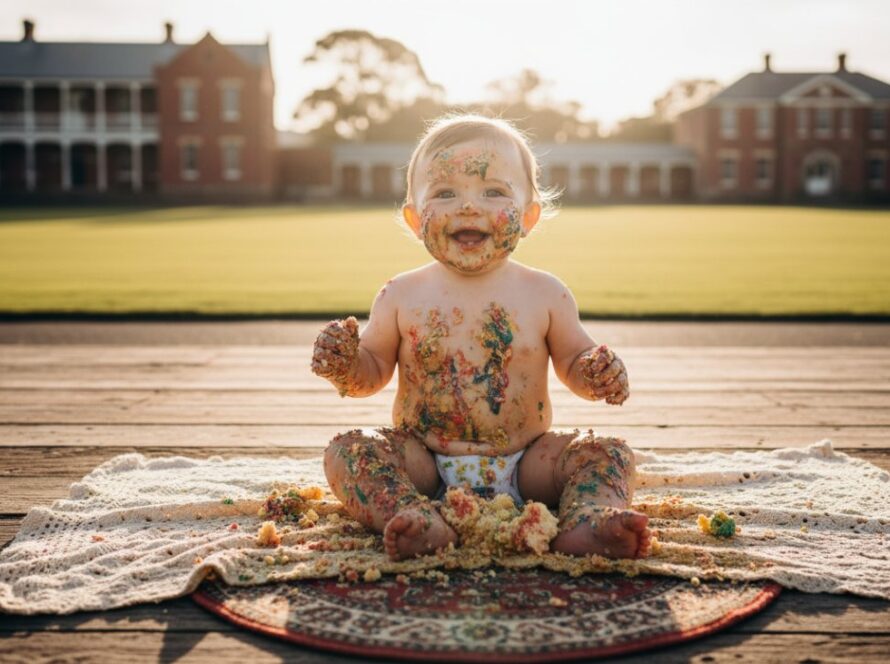 A joyous baby covered in cake, laughing amidst a charming, rustic cake smash setup with subtle naval-inspired elements at HMAS Cerberus, bathed in soft, golden hour light, capturing the historic HMAS Cerberus cake smash photography experience.