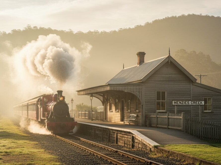 An epic moment capturing the historic Menzies Creek architecture photography of the iconic Puffing Billy station, bathed in the soft glow of a sunrise, showcasing its rustic timber and heritage details against a misty Dandenong Ranges backdrop.