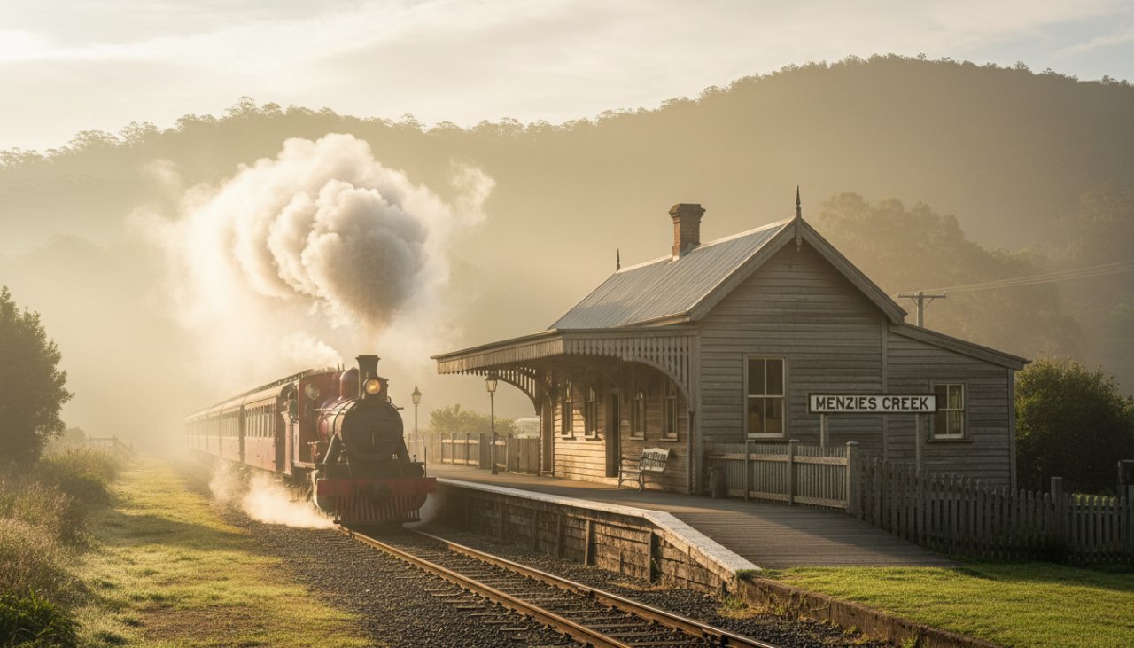 An epic moment capturing the historic Menzies Creek architecture photography of the iconic Puffing Billy station, bathed in the soft glow of a sunrise, showcasing its rustic timber and heritage details against a misty Dandenong Ranges backdrop.