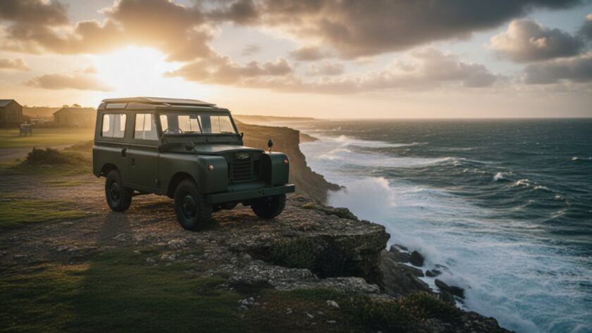 An epic moment captured: a perfectly restored vintage military vehicle bathed in dramatic golden hour light, parked majestically against the rugged coastal cliffs of HMAS Cerberus, showcasing historic vehicle photography HMAS Cerberus coastal Victoria.