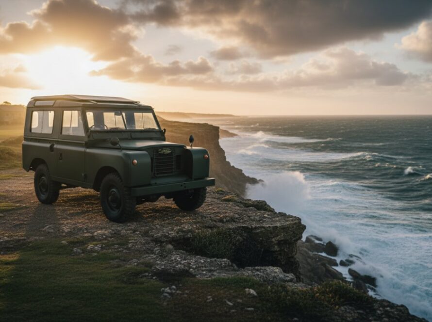 An epic moment captured: a perfectly restored vintage military vehicle bathed in dramatic golden hour light, parked majestically against the rugged coastal cliffs of HMAS Cerberus, showcasing historic vehicle photography HMAS Cerberus coastal Victoria.
