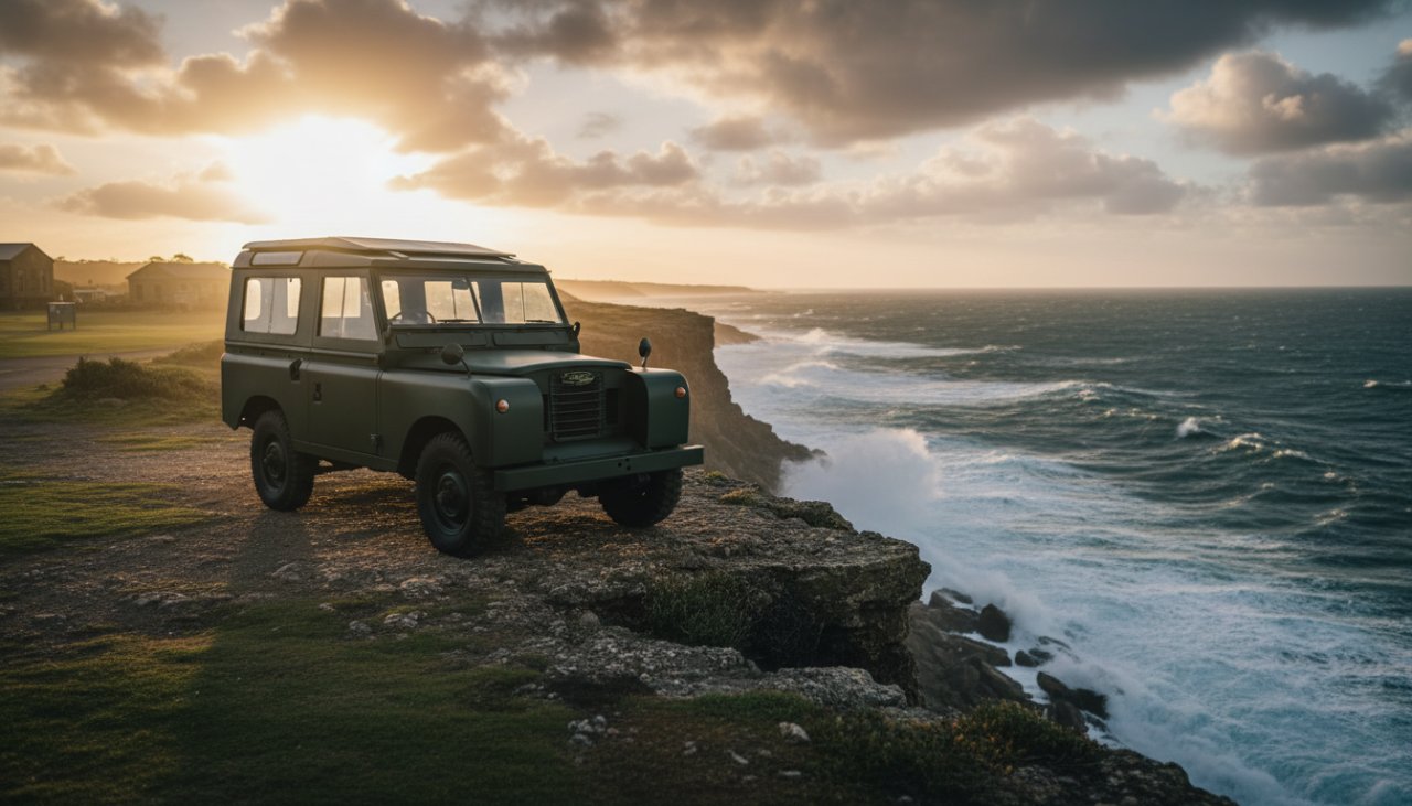 An epic moment captured: a perfectly restored vintage military vehicle bathed in dramatic golden hour light, parked majestically against the rugged coastal cliffs of HMAS Cerberus, showcasing historic vehicle photography HMAS Cerberus coastal Victoria.