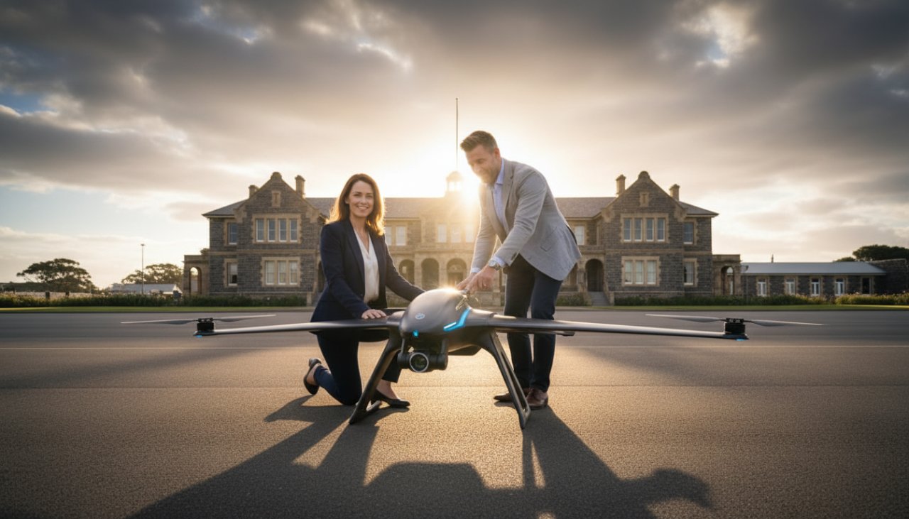 A dramatic, cinematic shot of a bespoke product launch on the historic parade ground at HMAS Cerberus, bathed in the golden hour light, with focused brand representatives admiring the item, embodying HMAS Cerberus advertising photography capturing authentic brand stories.