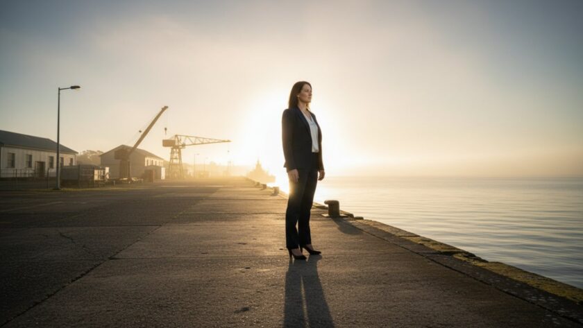 A dramatic, wide-angle shot showcasing a business owner confidently standing amidst the historic HMAS Cerberus naval structures, bathed in golden hour light, reflecting success and resilience, perfect for HMAS Cerberus Authentic Branding Photography.