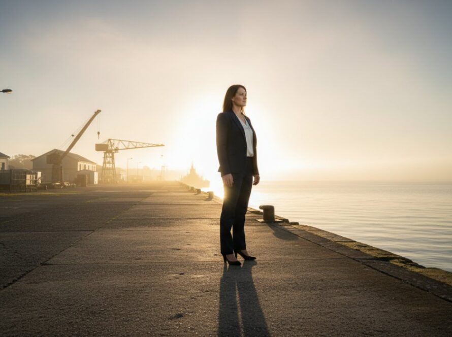 A dramatic, wide-angle shot showcasing a business owner confidently standing amidst the historic HMAS Cerberus naval structures, bathed in golden hour light, reflecting success and resilience, perfect for HMAS Cerberus Authentic Branding Photography.