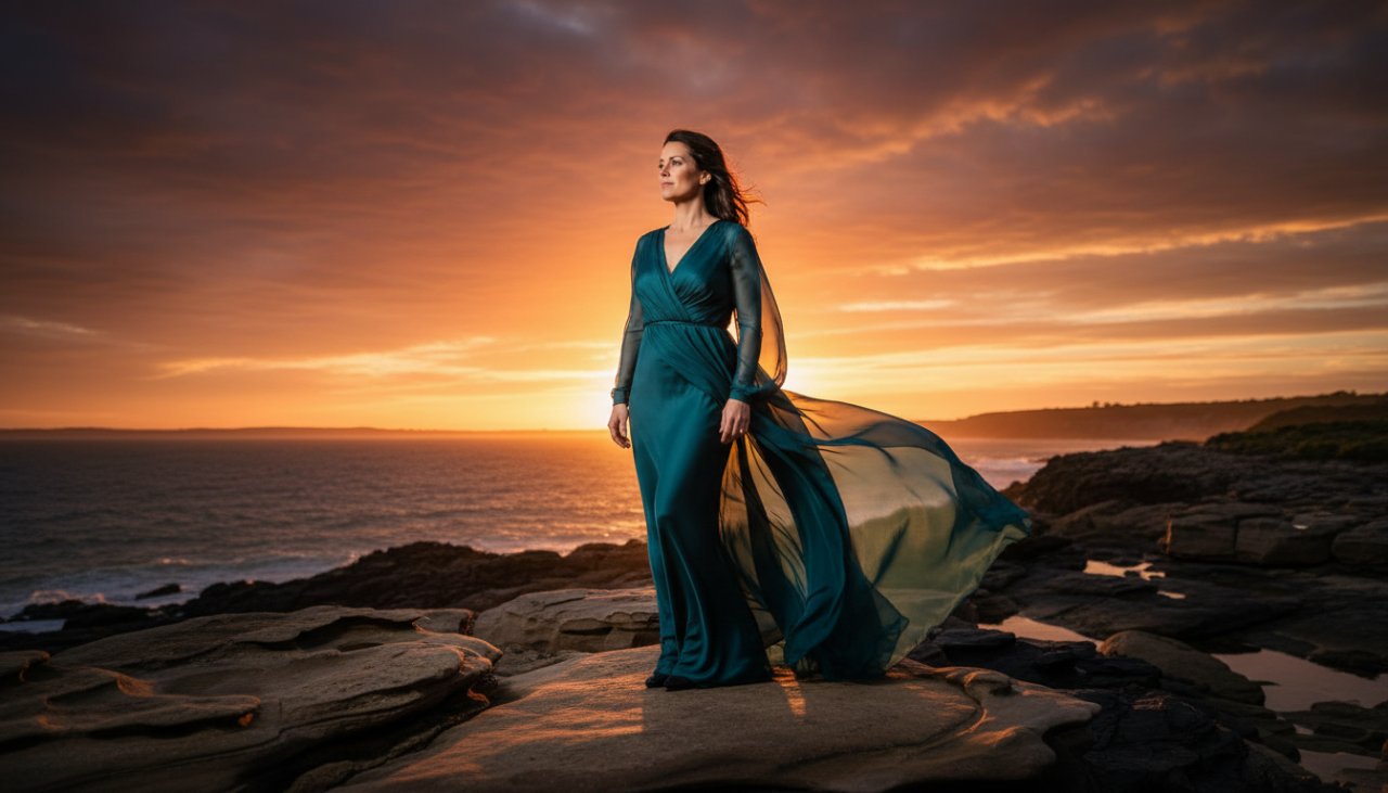 An HMAS Cerberus boudoir photographer for timeless portraits captures a striking, cinematic image of a woman silhouetted against a dramatic coastal sunset over Western Port Bay, exuding confidence and elegance in a flowing sheer gown, perfectly embodying an 'epic moment' of personal empowerment and beauty.