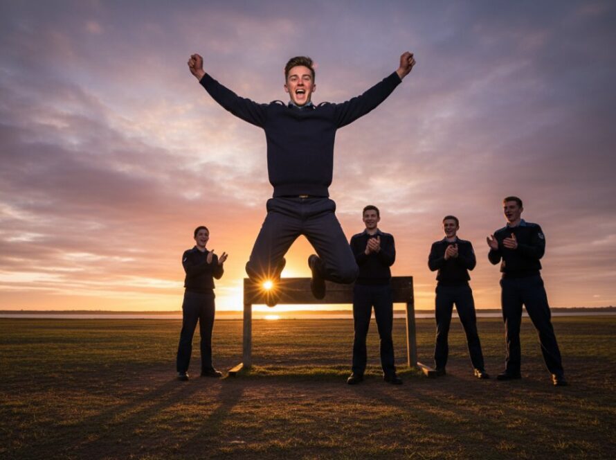Dynamic HMAS Cerberus cadet school photography capturing a group of uniformed cadets in a triumphant pose with the historic HMAS Cerberus grounds in the golden hour, showcasing pride and camaraderie.