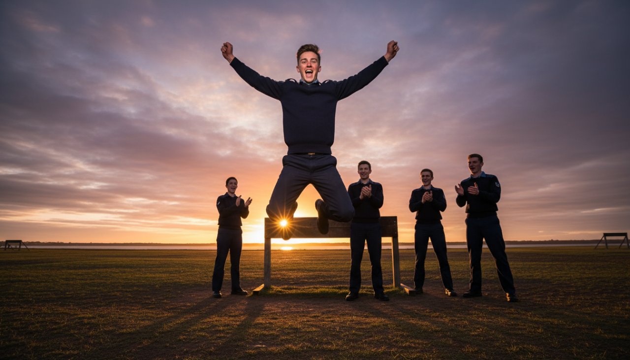 Dynamic HMAS Cerberus cadet school photography capturing a group of uniformed cadets in a triumphant pose with the historic HMAS Cerberus grounds in the golden hour, showcasing pride and camaraderie.