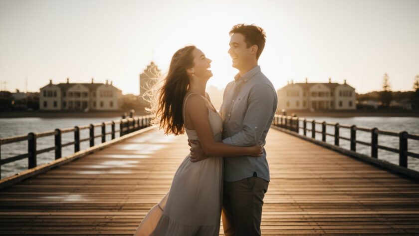 An intimate, epic moment of a couple embracing by the historic jetty at HMAS Cerberus, capturing genuine moments with authentic candid photography. The setting sun casts a golden glow, highlighting their emotional connection against the distinctive naval architecture in the background.