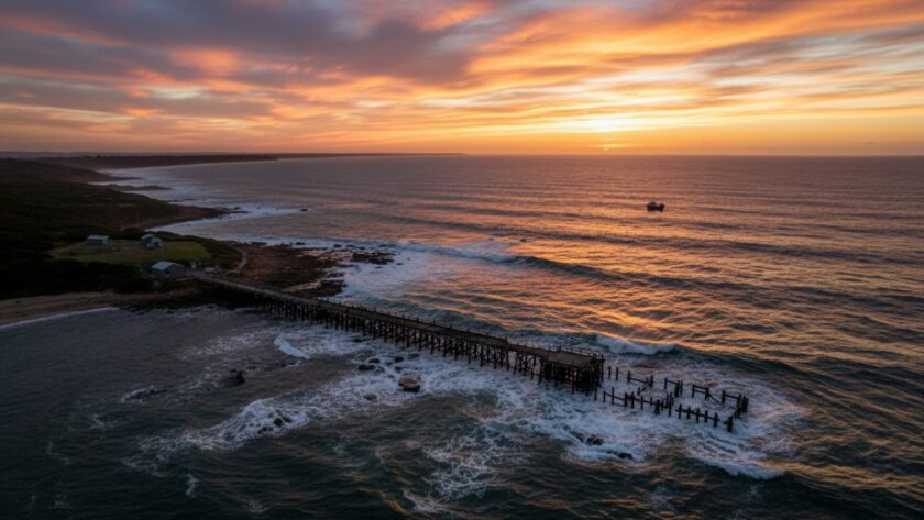 An epic drone shot capturing the dramatic coastline of HMAS Cerberus, Victoria, featuring historic jetties and crashing waves at sunset, showcasing stunning HMAS Cerberus coastal drone photography Victoria.