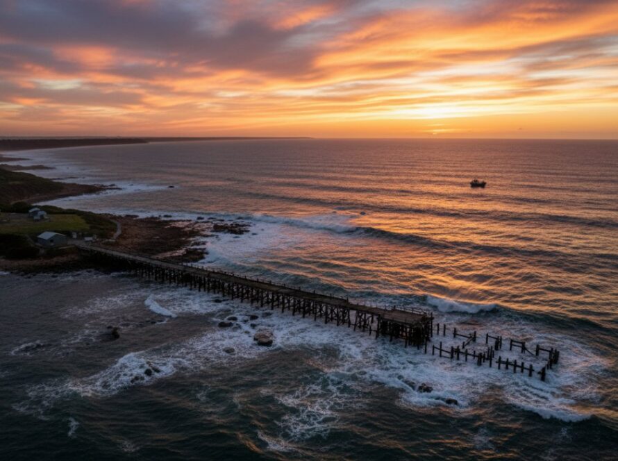 An epic drone shot capturing the dramatic coastline of HMAS Cerberus, Victoria, featuring historic jetties and crashing waves at sunset, showcasing stunning HMAS Cerberus coastal drone photography Victoria.