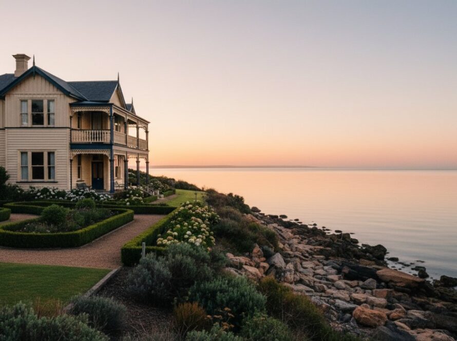 Dramatic wide-angle shot of a meticulously restored historic coastal property in HMAS Cerberus at sunrise, highlighting its unique architecture and serene foreshore location, epitomizing expert HMAS Cerberus coastal real estate photography showcasing historic charm.