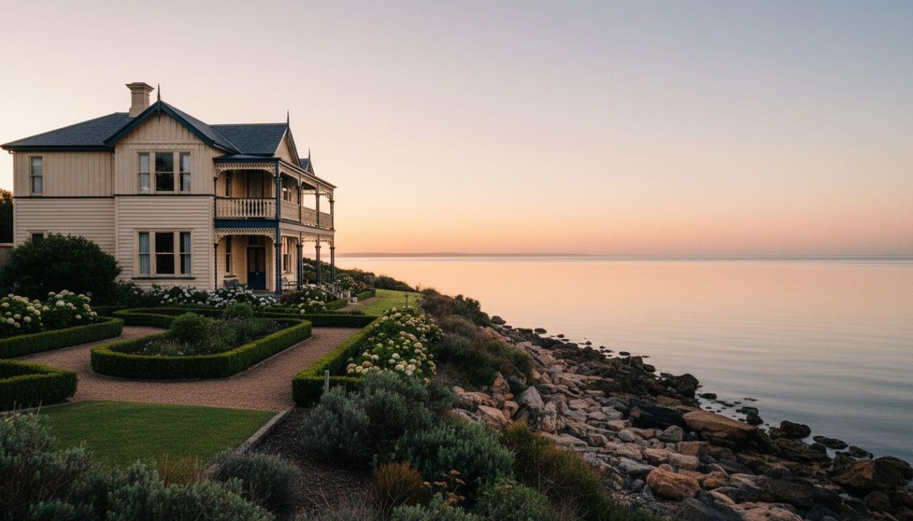 Dramatic wide-angle shot of a meticulously restored historic coastal property in HMAS Cerberus at sunrise, highlighting its unique architecture and serene foreshore location, epitomizing expert HMAS Cerberus coastal real estate photography showcasing historic charm.